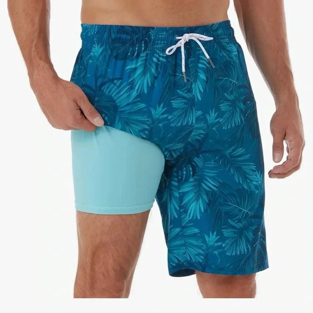 Brisira Mens Tropical Swim Trunks Blue Palm Print Quick Dry Lined 9” Inseam